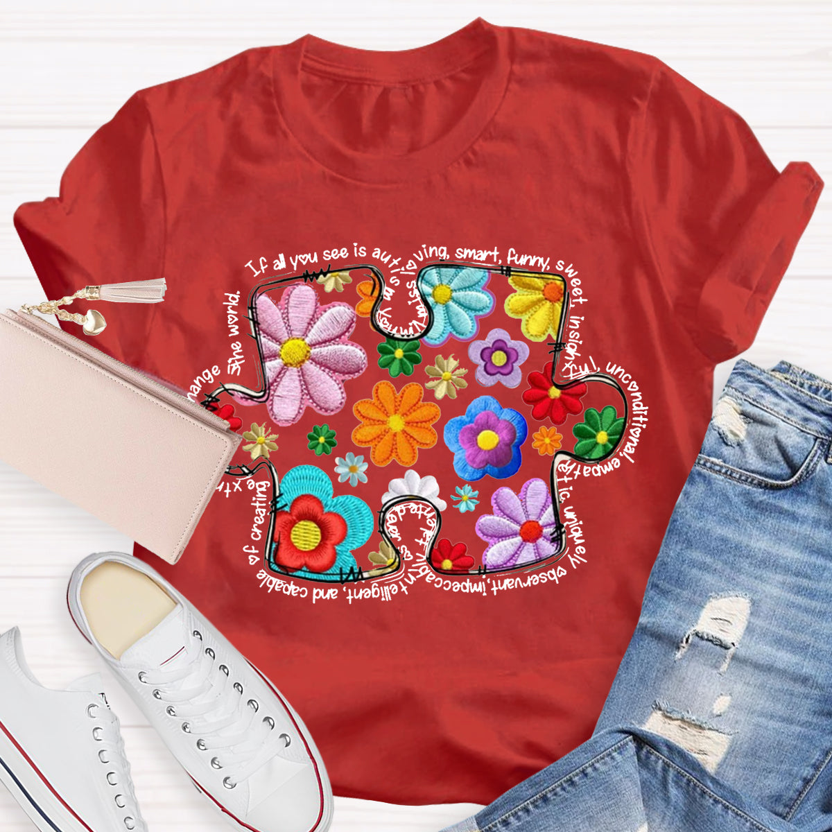 Floral Puzzle Pieces Austim T-Shirt