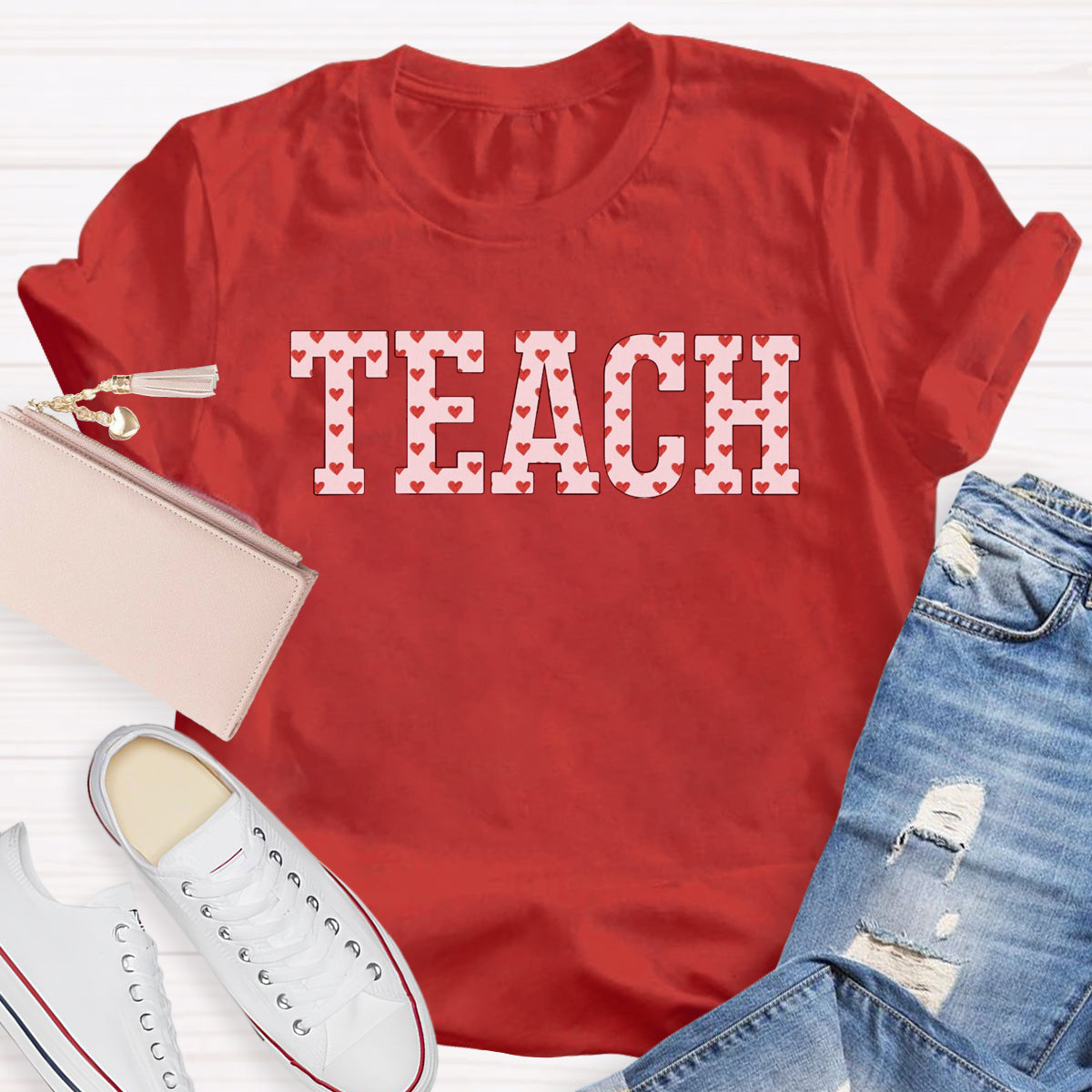 Pink Heart Teach Teacher T-Shirt