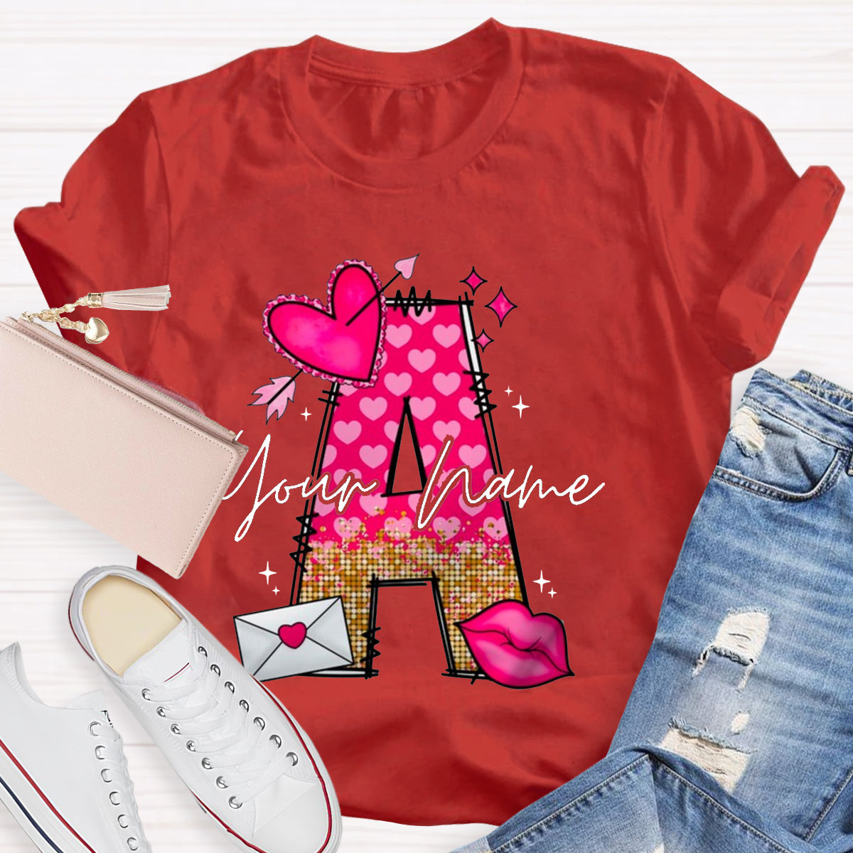 Personalized Name Pink Heart Letter T-Shirt