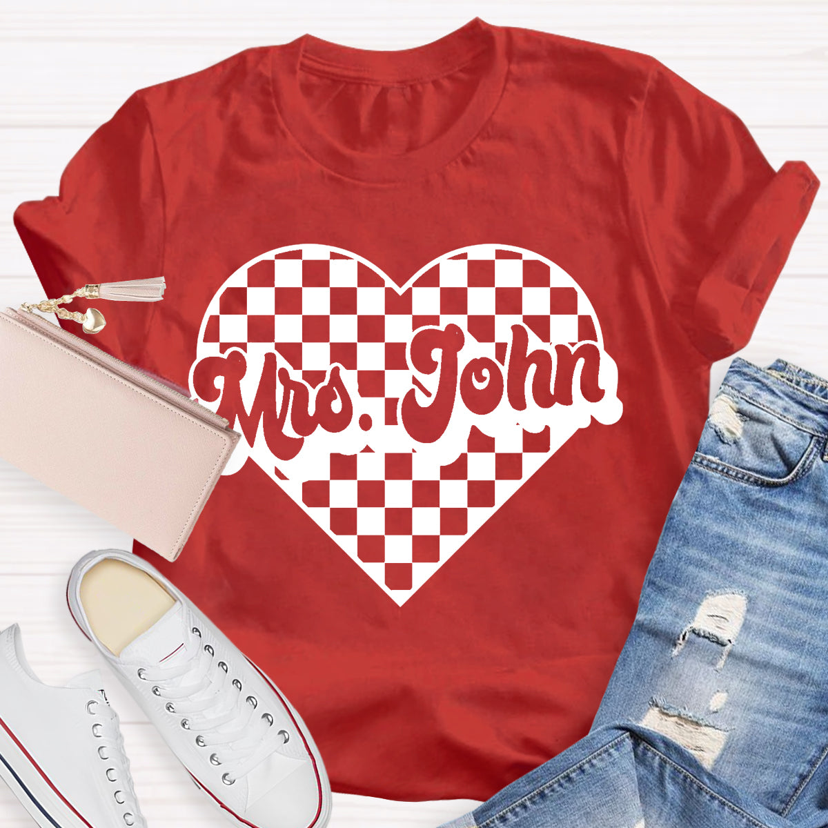 Personalized Name Heart Mrs John Teacher T-Shirt