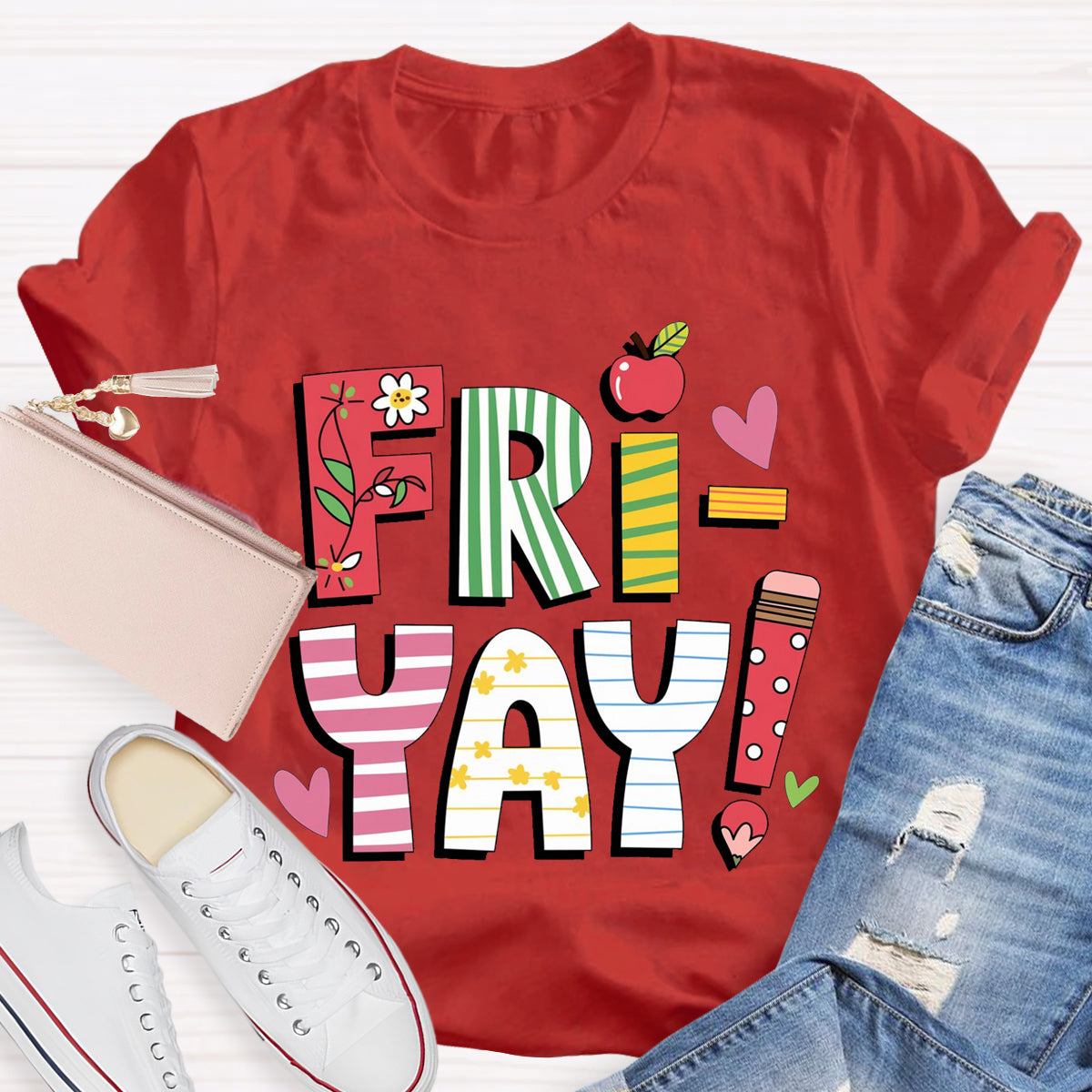 Fri-yay Floral Apple Pencil Teacher T-Shirt