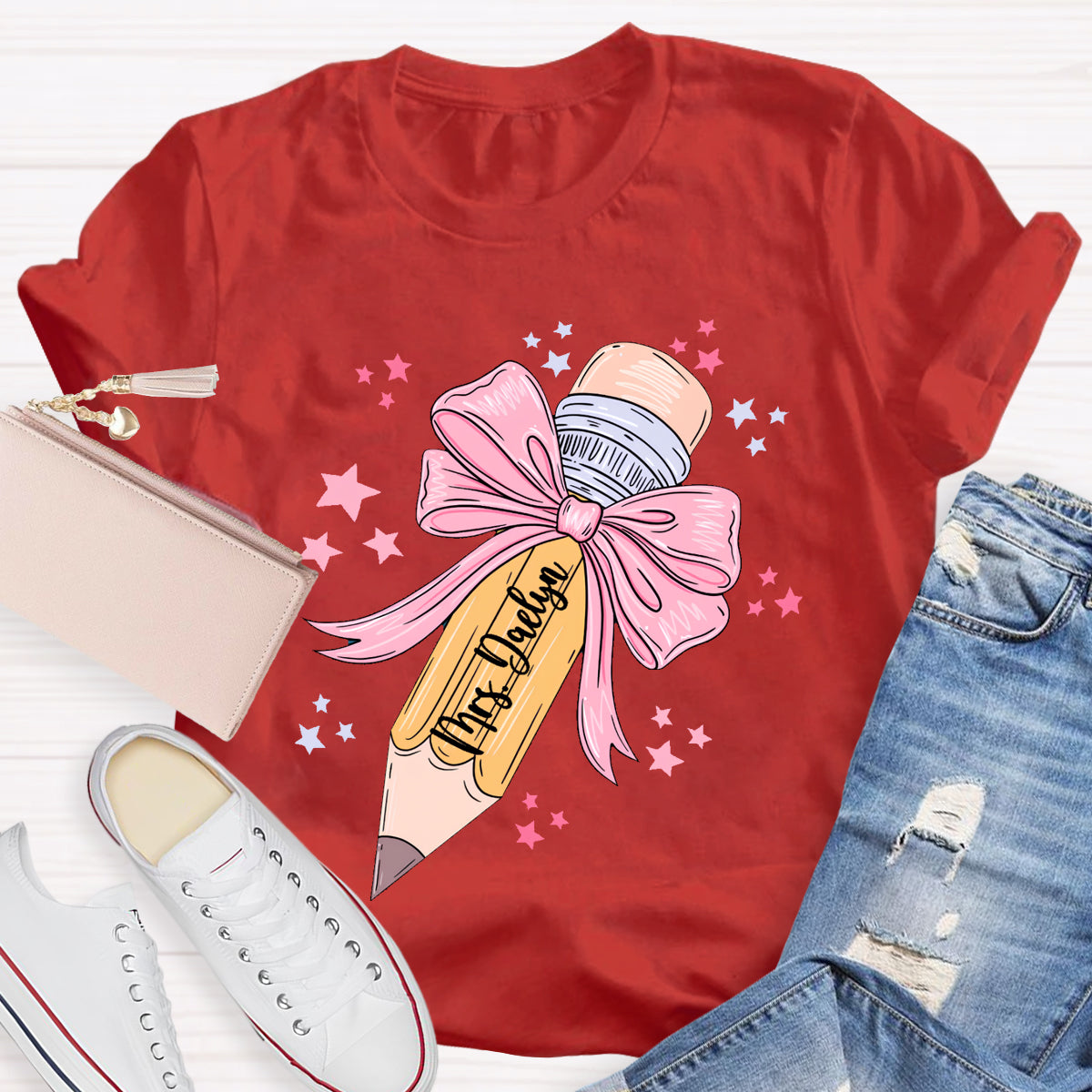 Personalized Name Pink Pencil Teacher T-Shirt