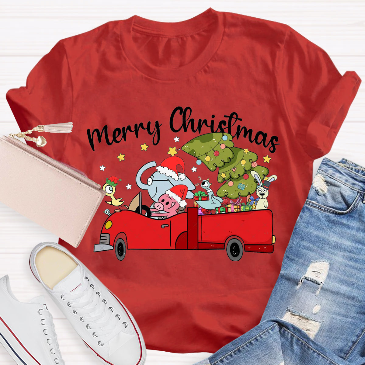 Merry Christmas Animals Driving Cars T-Shirt