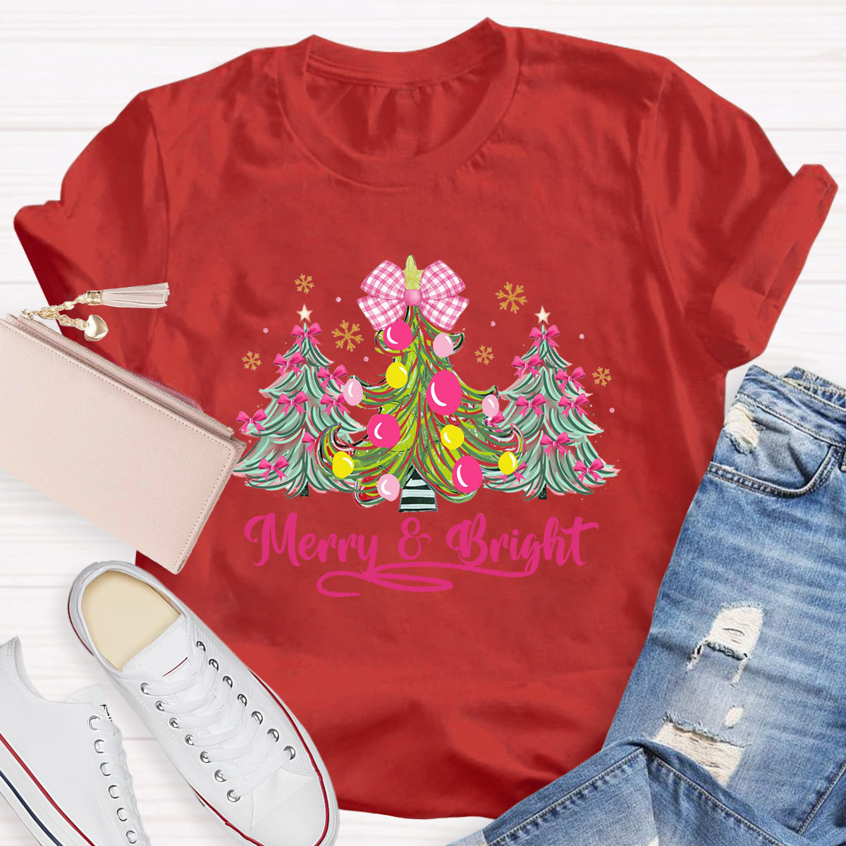 Bow Christmas Tree Merry And Bright Christmas Teacher T-Shirt