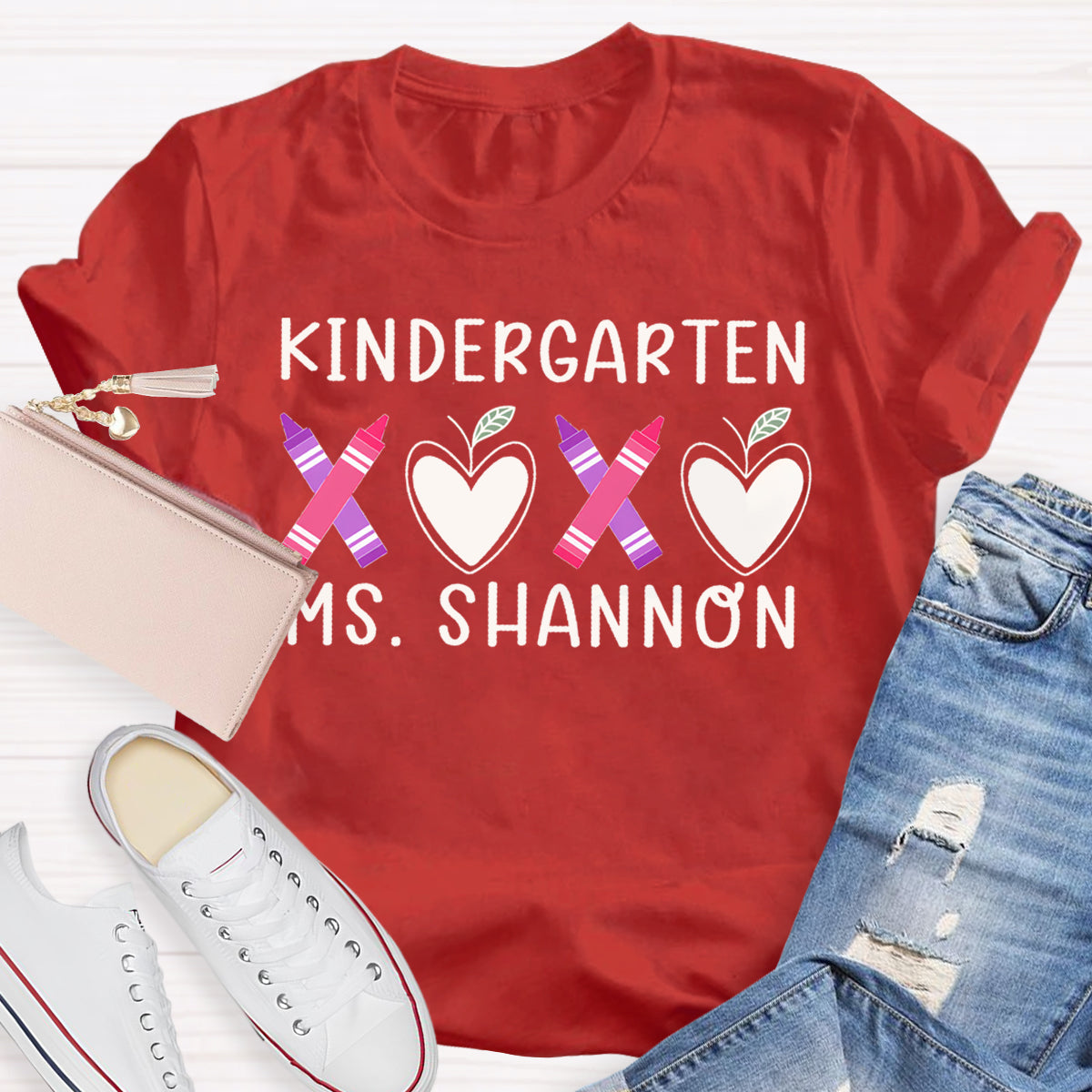 Personalized Grade And Name Pink Heart Crayon Teacher T-Shirt