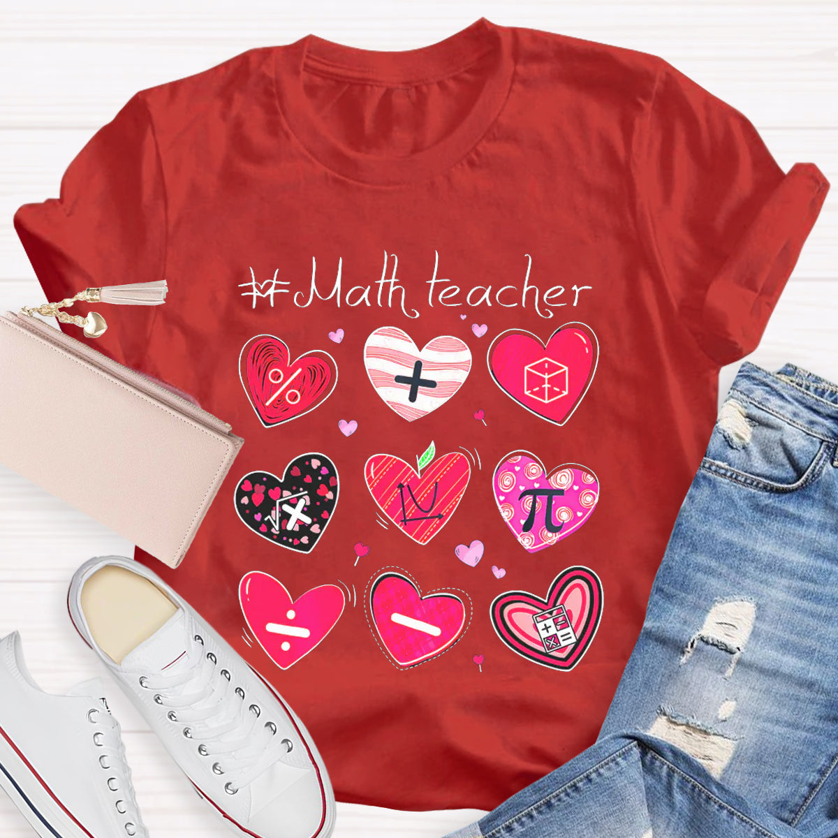 Red Heart Math Symbols Teacher T-Shirt