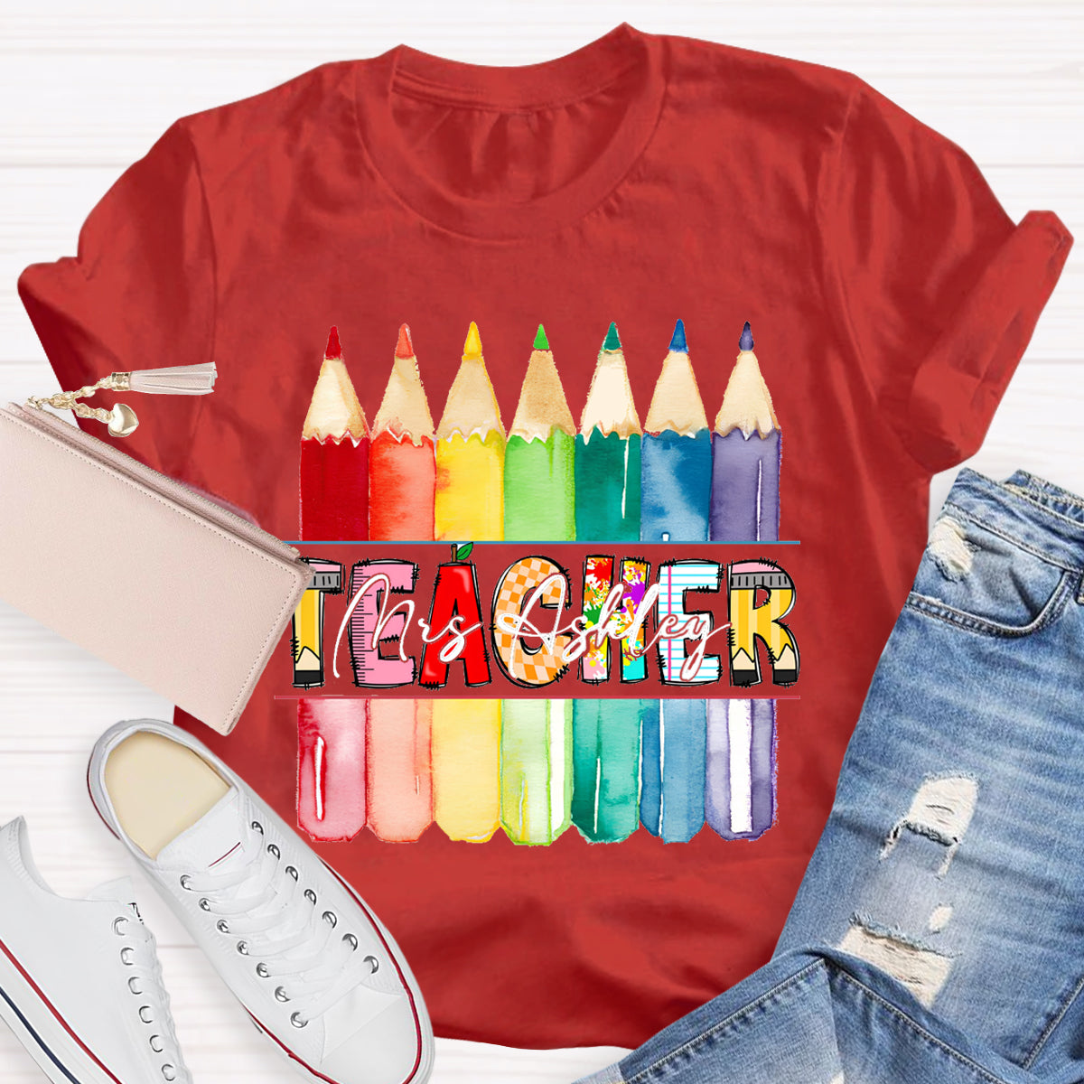 Personalized Teacher's Name Colorful Pencil T-Shirt