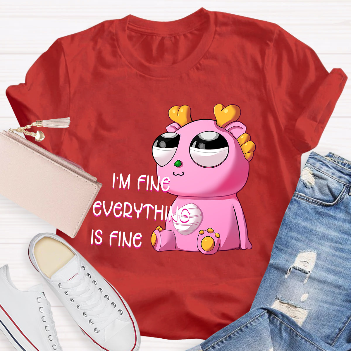 I'm Fine Everything is Fine  Pink Big Eyes Dragon T-Shirt