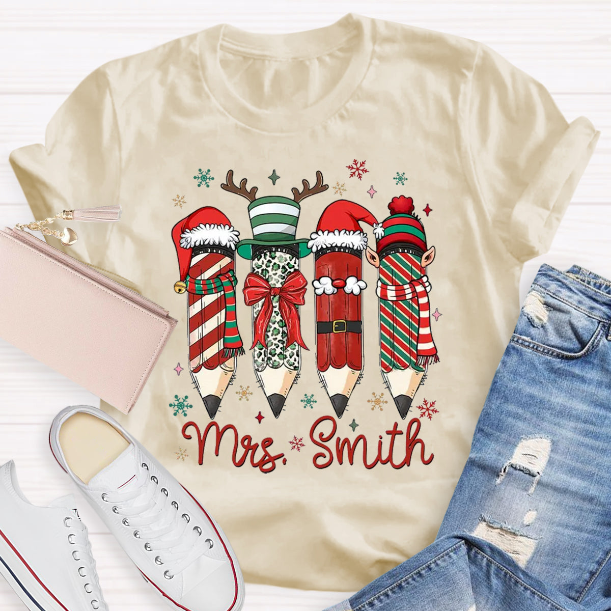 Personalized Name Cute Christmas Pencil Teacher T-Shirt