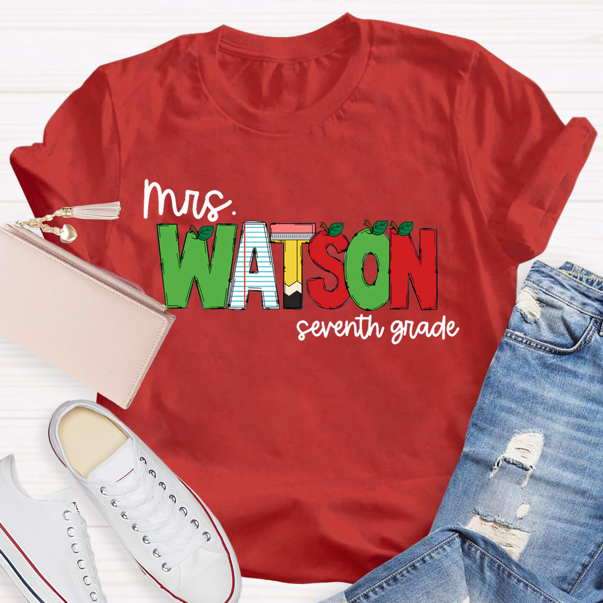 Personalized Name And Grade Green Red Color Block Teacher T-Shirt