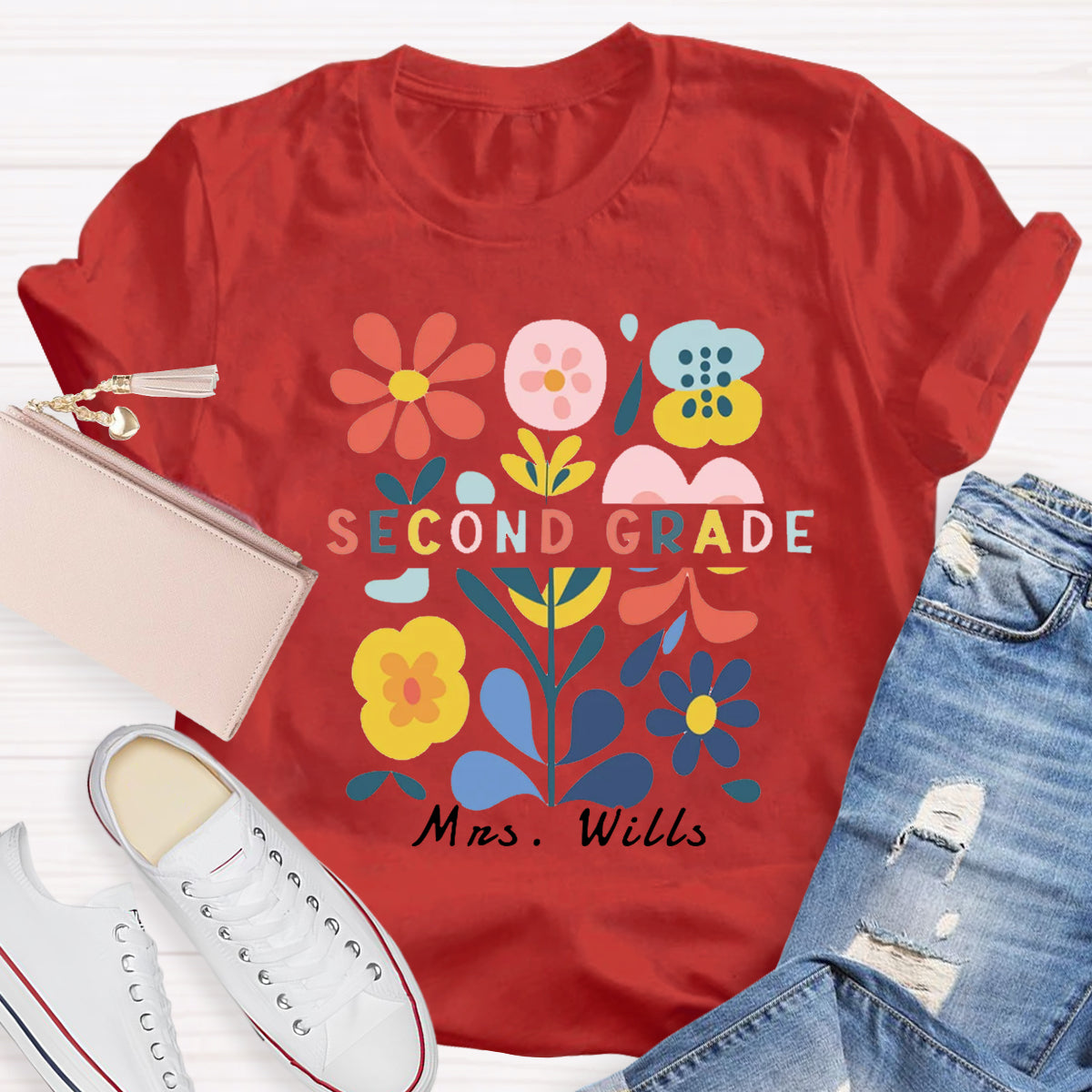 Personalized Name And Grade Floral Teacher T-Shirt