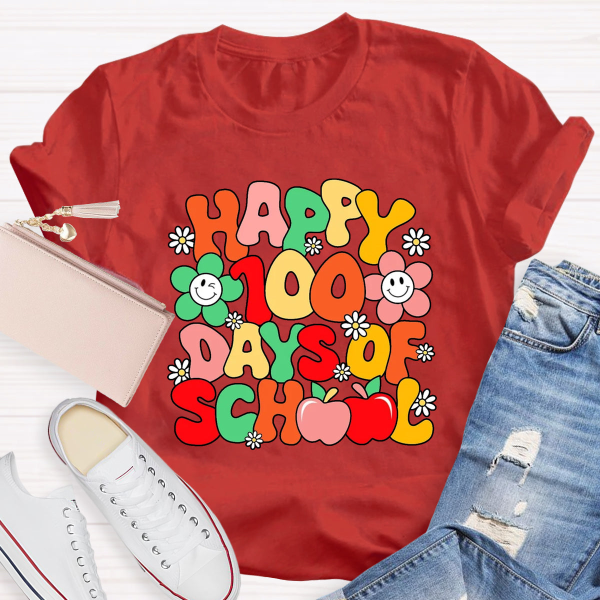 Happy 100 Days Of School Flower Apple T-Shirt