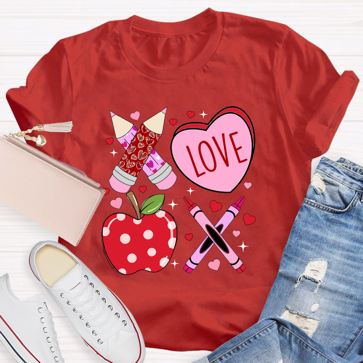 Pink Pencil And Apple Love Teacher T-Shirt