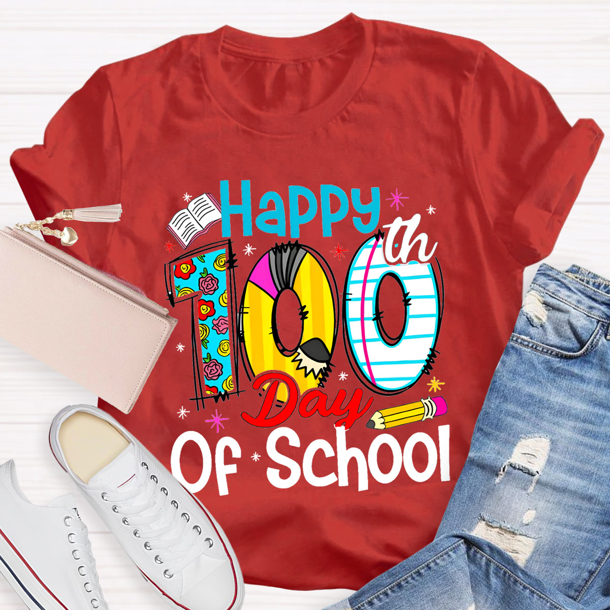 Happy 100th Days Of School Book Pencil T-Shirt