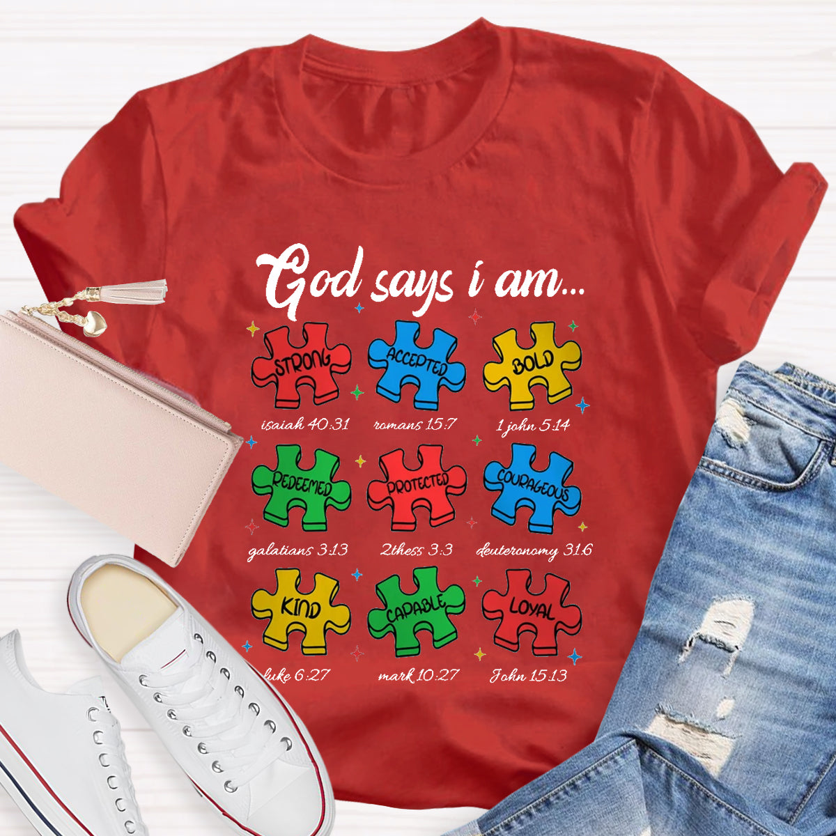 God Says I am Strong Puzzle Pieces Autism T-Shirt