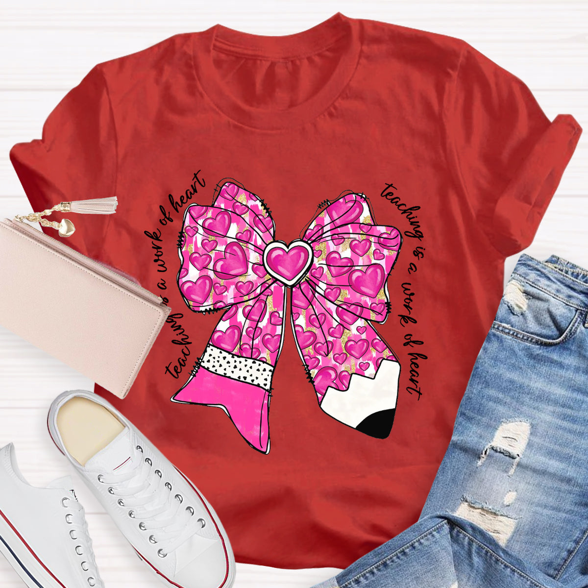 Teaching Is A Work Of Heart Pink Bow Teacher T-Shirt