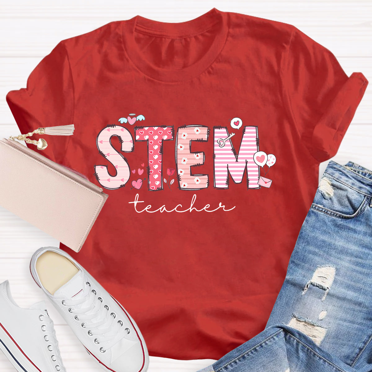 STEM Teacher Pink Heart Printed T-Shirt