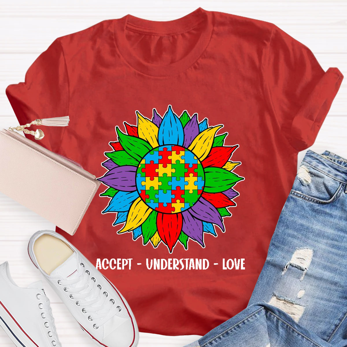 Accept Understand Love Colorful Sunflower Teacher T-Shirt