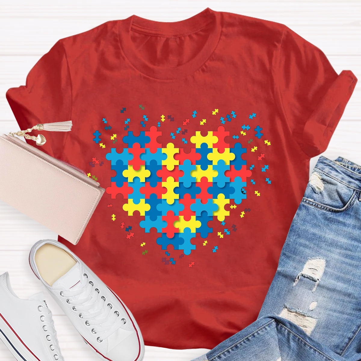 Autism Awareness Puzzle Colorful Heart T-Shirt