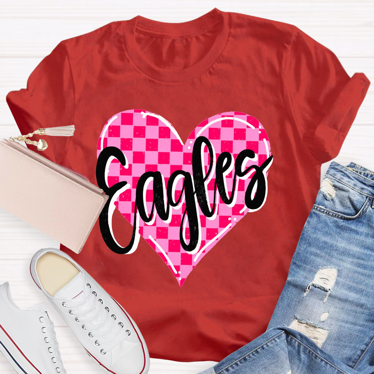 Personalized Mascot Pink Heart Teacher T-Shirt