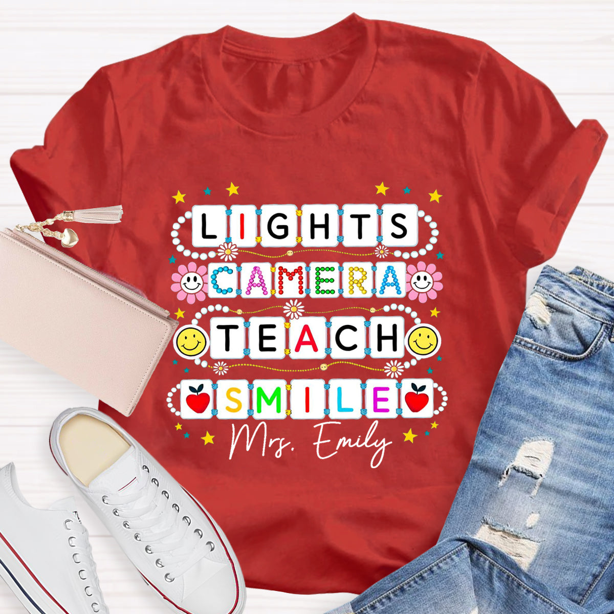 Personalized Name Lights Camera Teach Smile Teacher T-Shirt