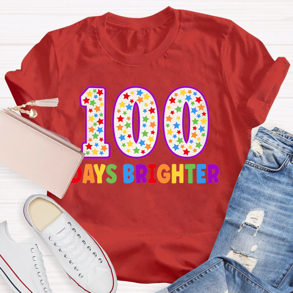 100 Days Brighter Colorful Letter Teacher T-Shirt