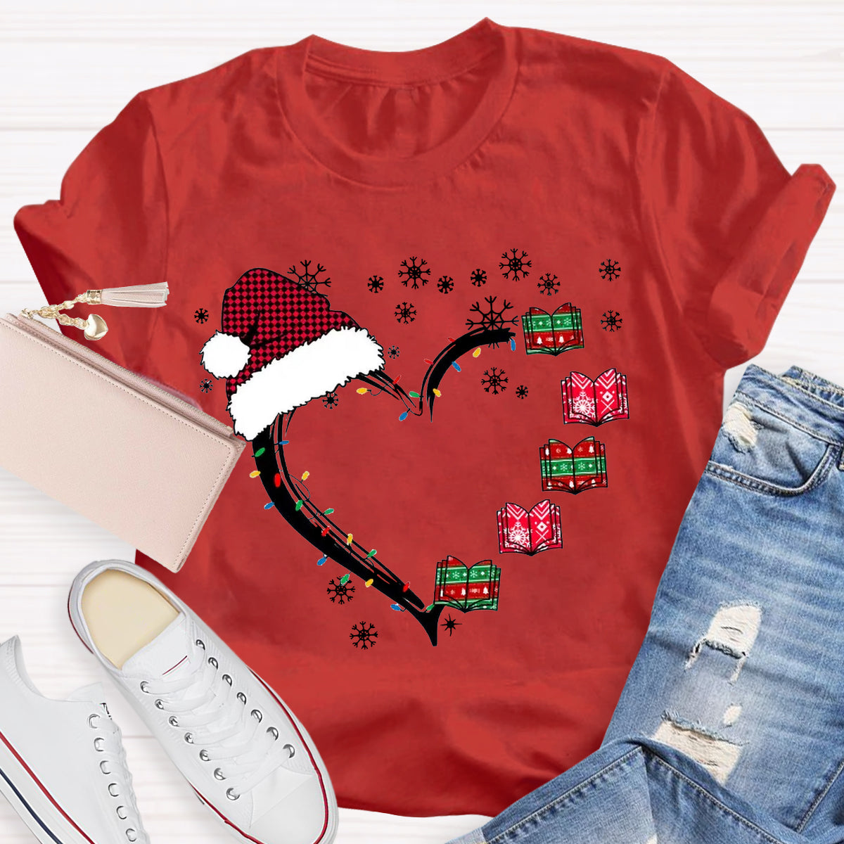 Christmas Books Heart Teacher T-Shirt