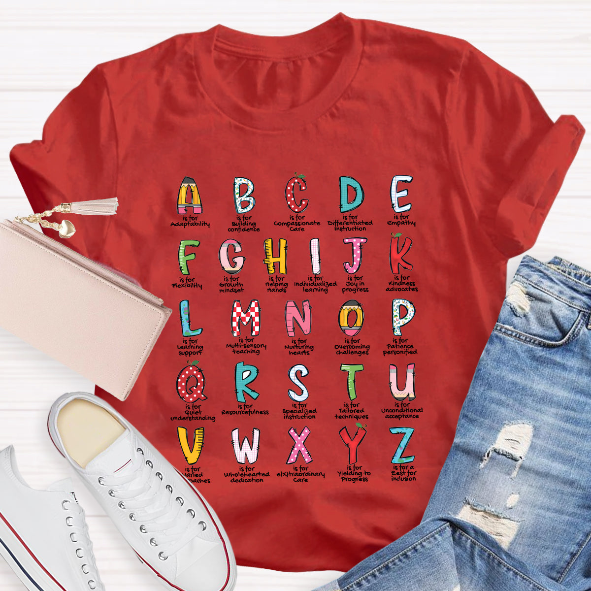 Colorful Plaid Design Alphabet Teacher T-Shirt