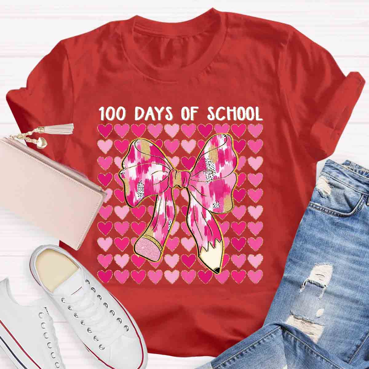 100 Days Of School Pink Heart Bow Teacher T-Shirt