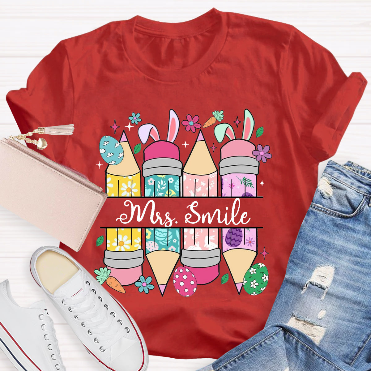 Personalized Name Easter Bunny Pencil Teacher T-Shirt