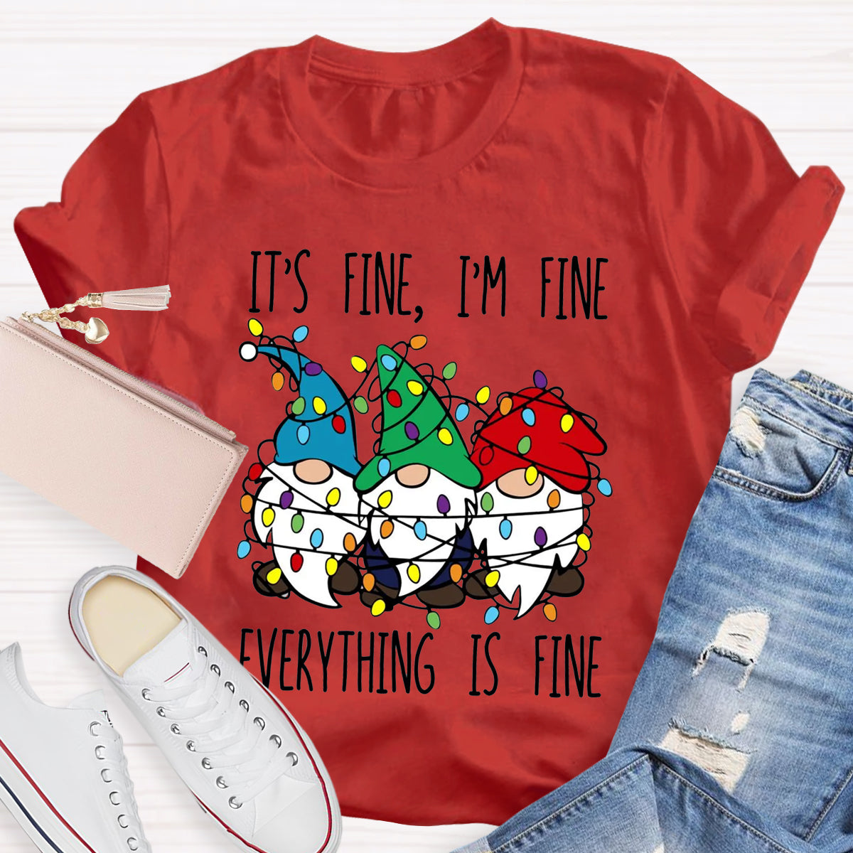 It's Fine I'M Fine Everything Is Fine Three Gnomes Christmas T-Shirt