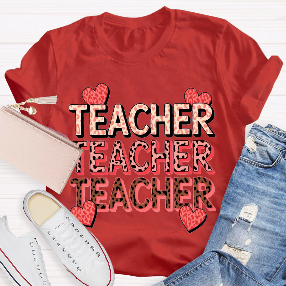 Pink Heart Valentine's Day Teacher T-Shirt