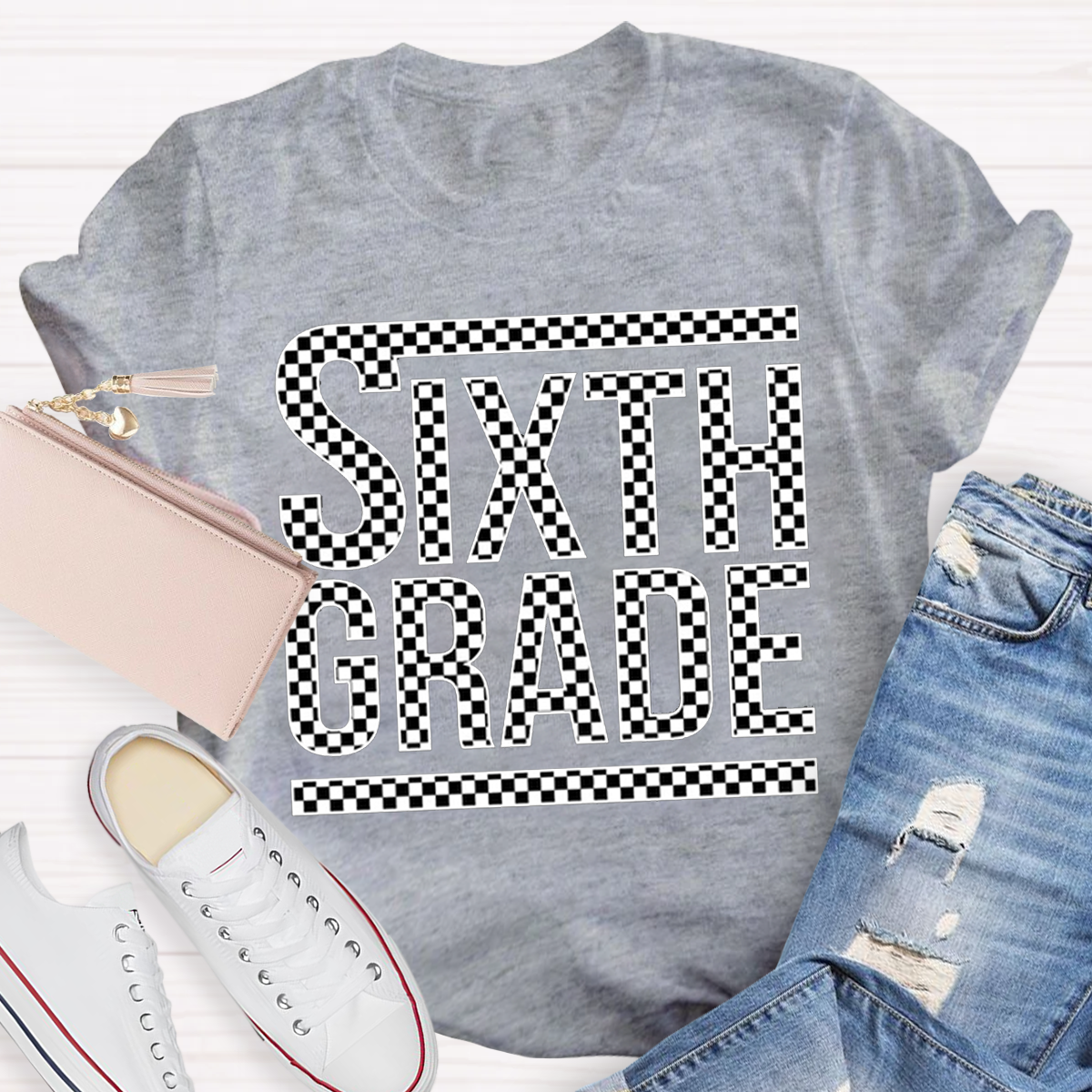 Personalized Plaid Grade Teacher T-Shirt