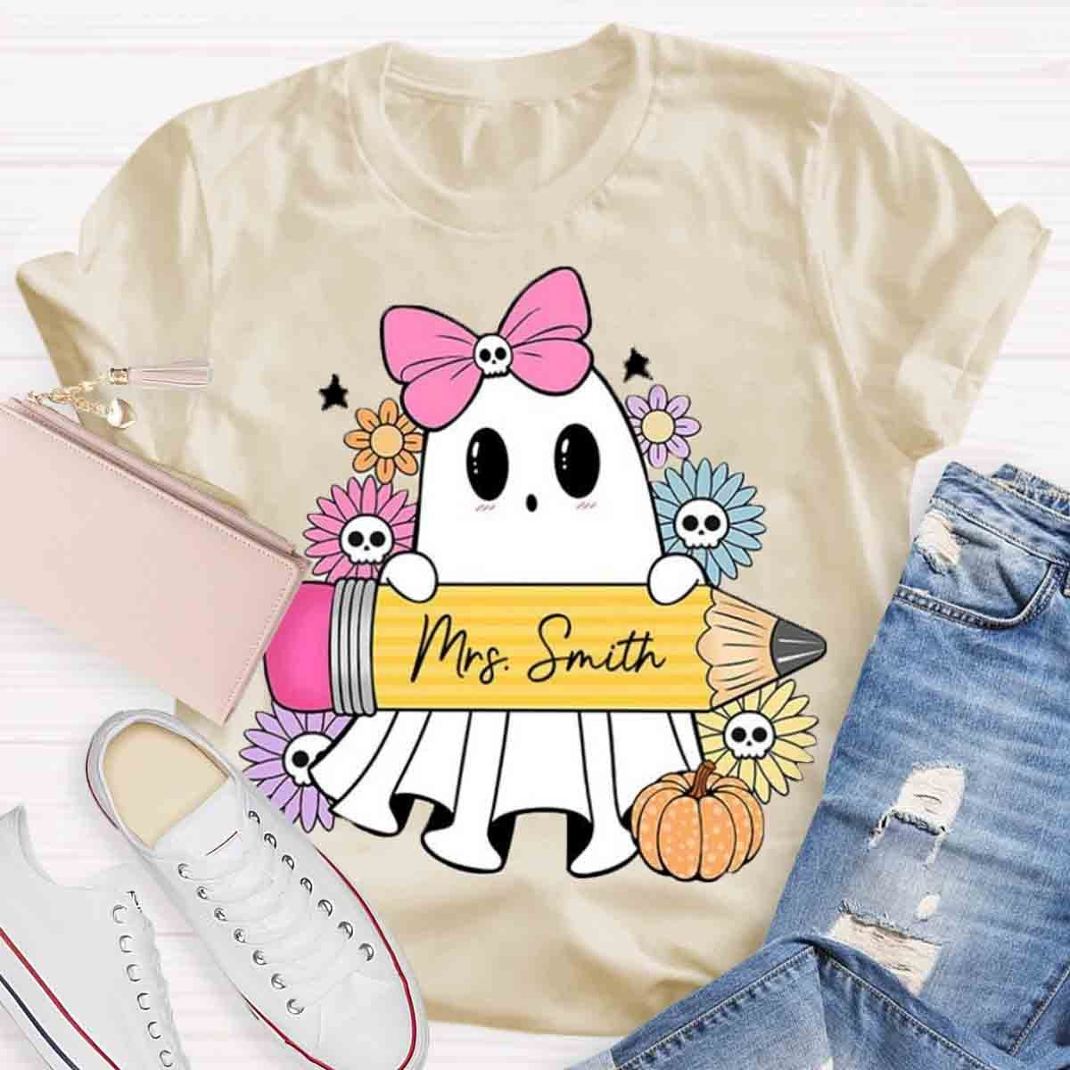 Personalized Name Halloween Teacher Coquette Ghost Shirt