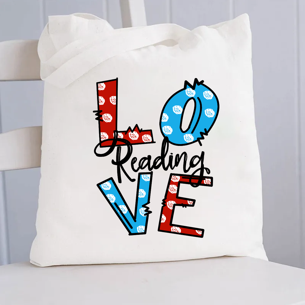 Love Reading Red Blue Polka Dots Canvas Tote Bag