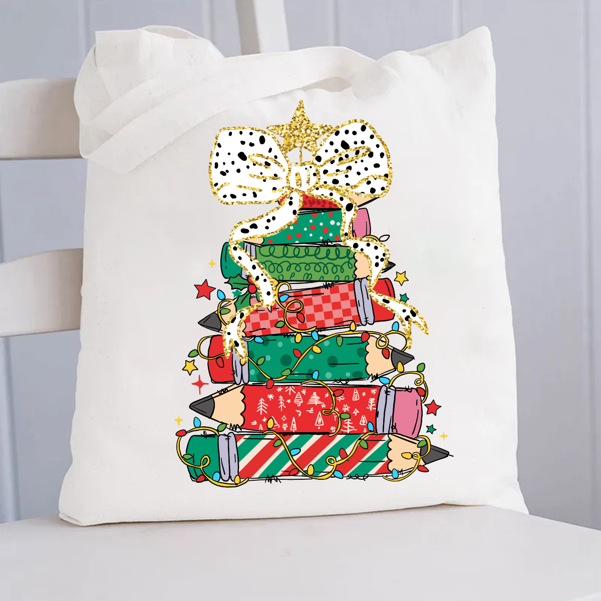 Pencil Tree Bow Canvas Tote Bag