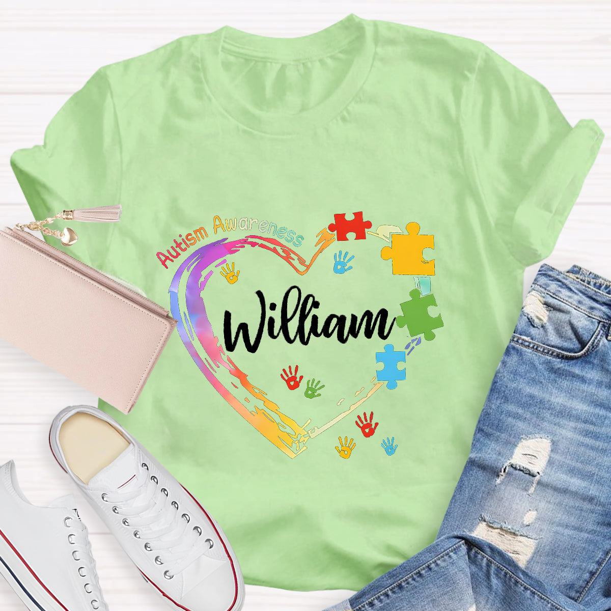 Personalized Name Autism Colorful Heart Teacher T-Shirt