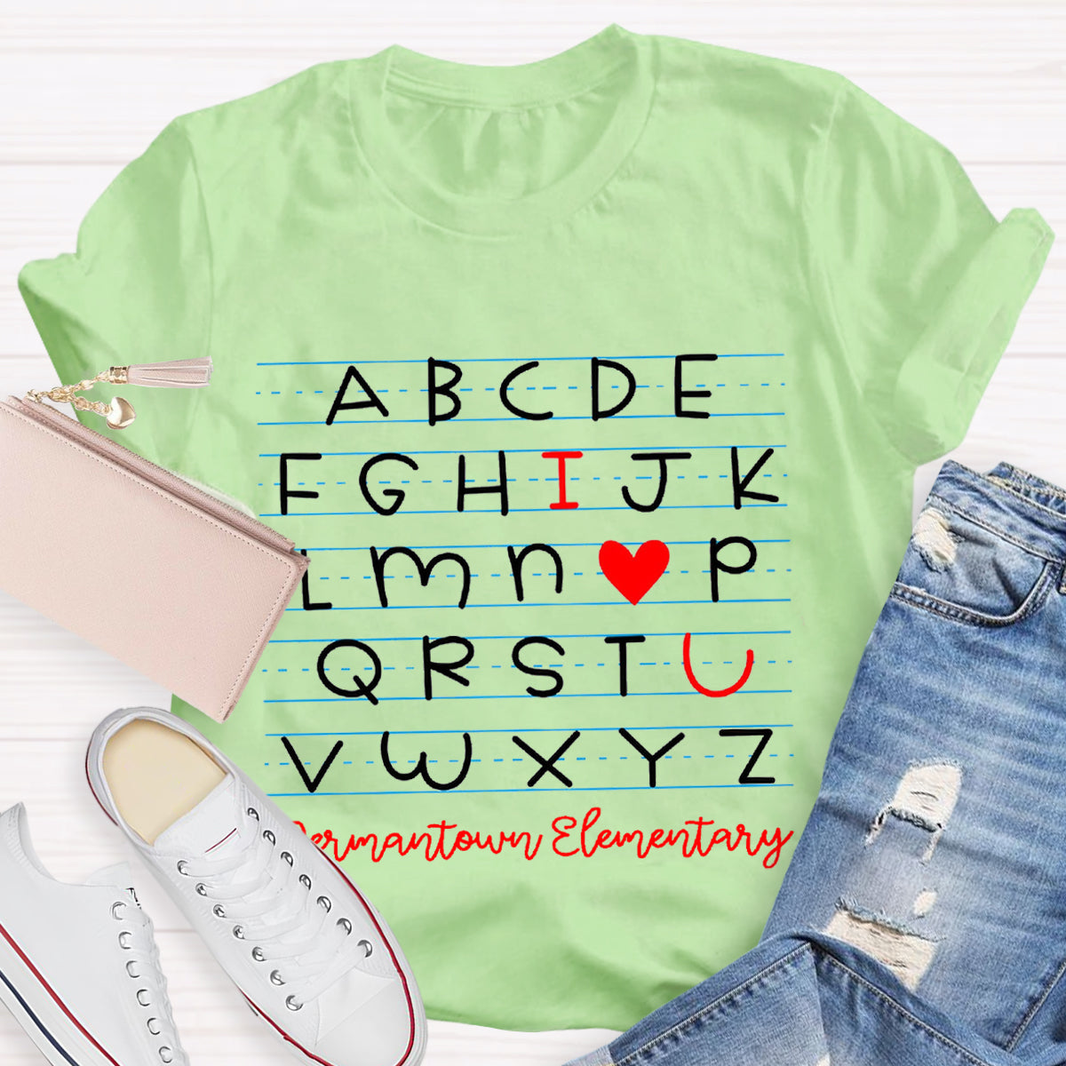 Personalized School Name I Love You Alphabet Teacher T-Shirt