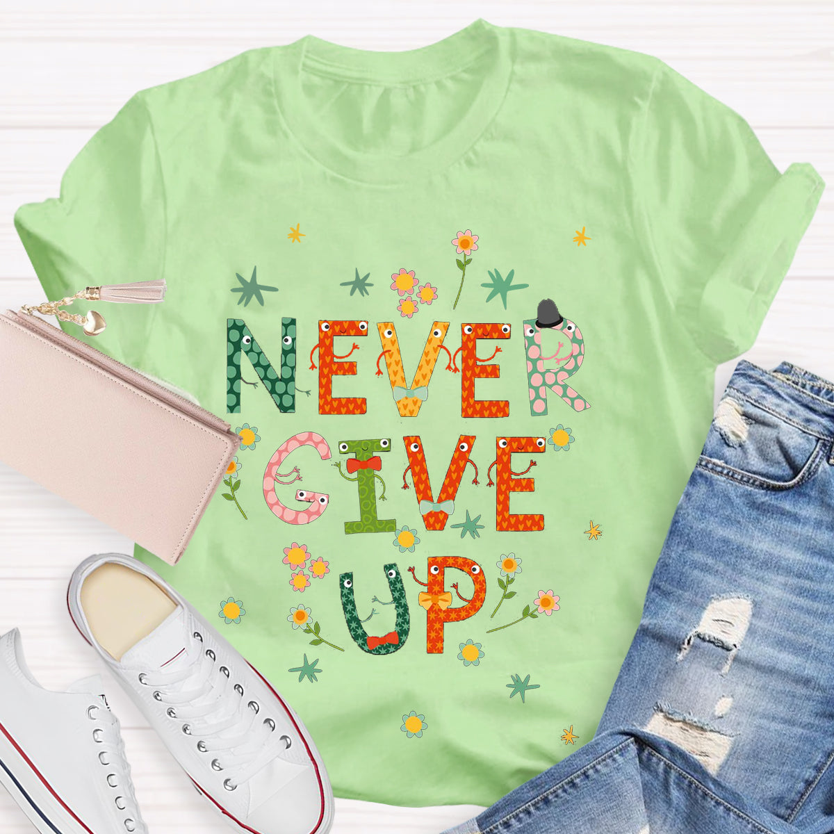 Cute Floral Never Give Up T-Shirt