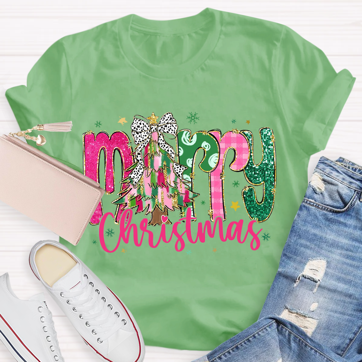 Colorful Glitter Merry Christmas Teacher T-Shirt