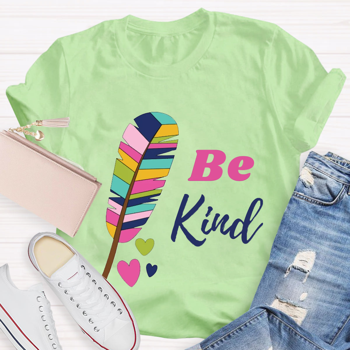 Be Kind Colorful Feather Design T-Shirt