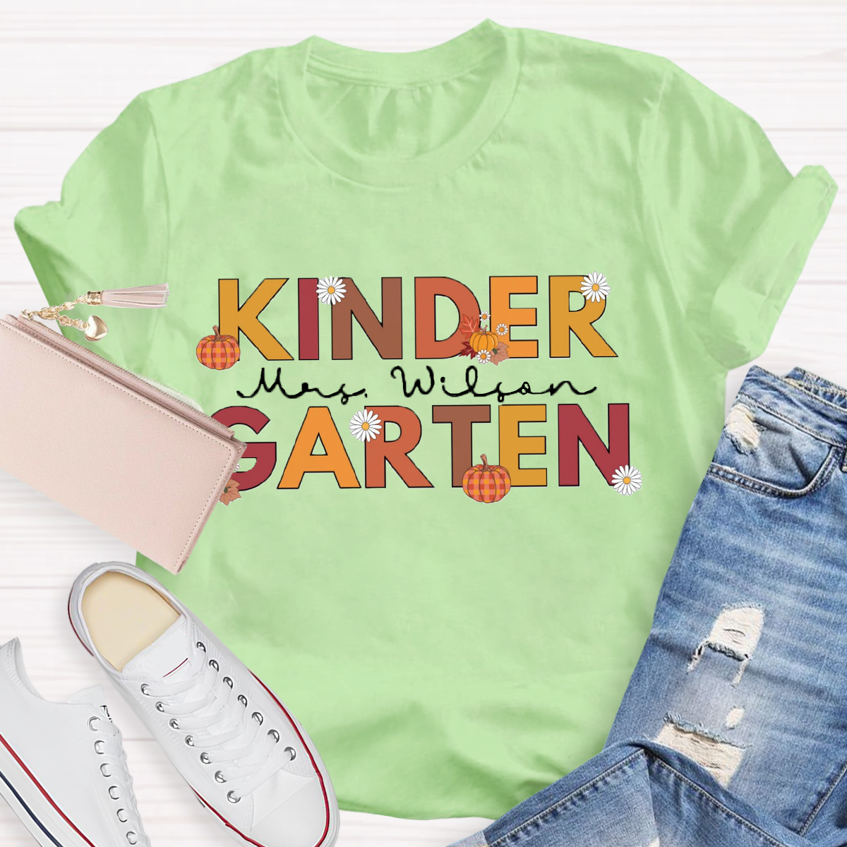 Personalized Name Fall Thanksgiving Kindergarten Teacher T-Shirt