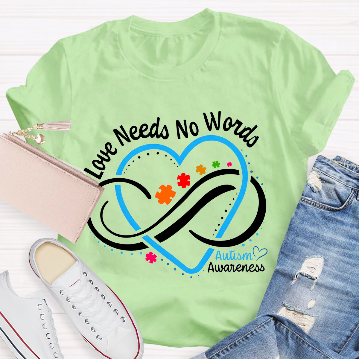 Love Needs No Words Autism Awareness Blue Heart Teacher T-Shirt