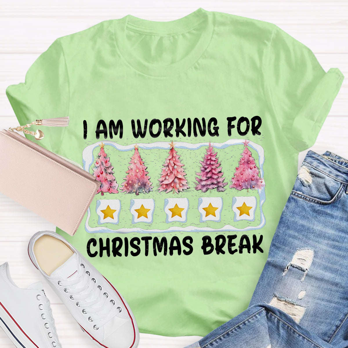 I'm Working For Christmas Break Pink Tree T-Shirt