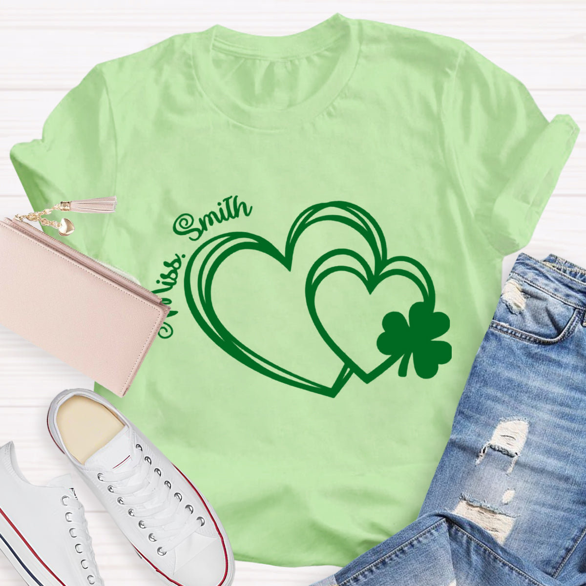 Personalized Name Heart Shamrock Teacher T-Shirt