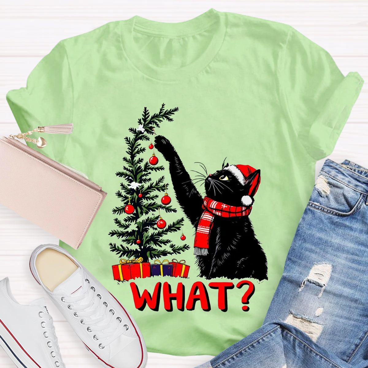 Black Cat Pushing Christmas Tree T-Shirt