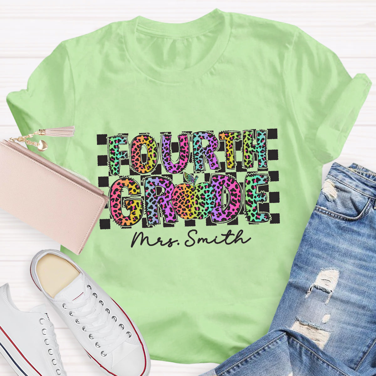 Personalized Grade And Name Colorful Leopard Print Teacher T-Shirt