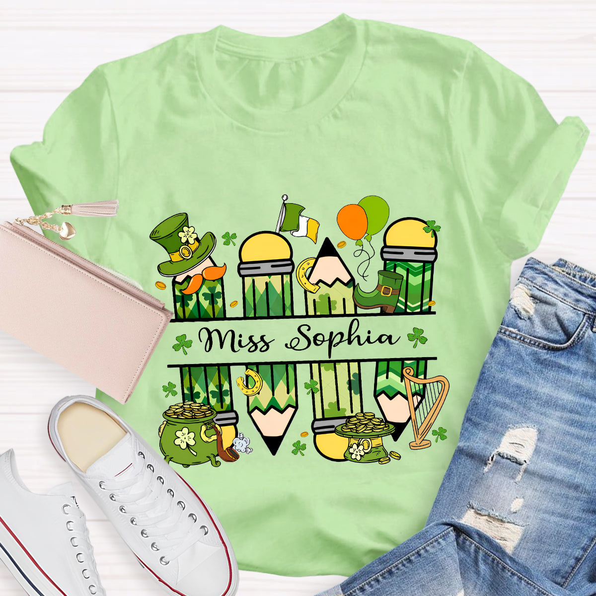 Personalized Name Green Pencil Teacher T-Shirt