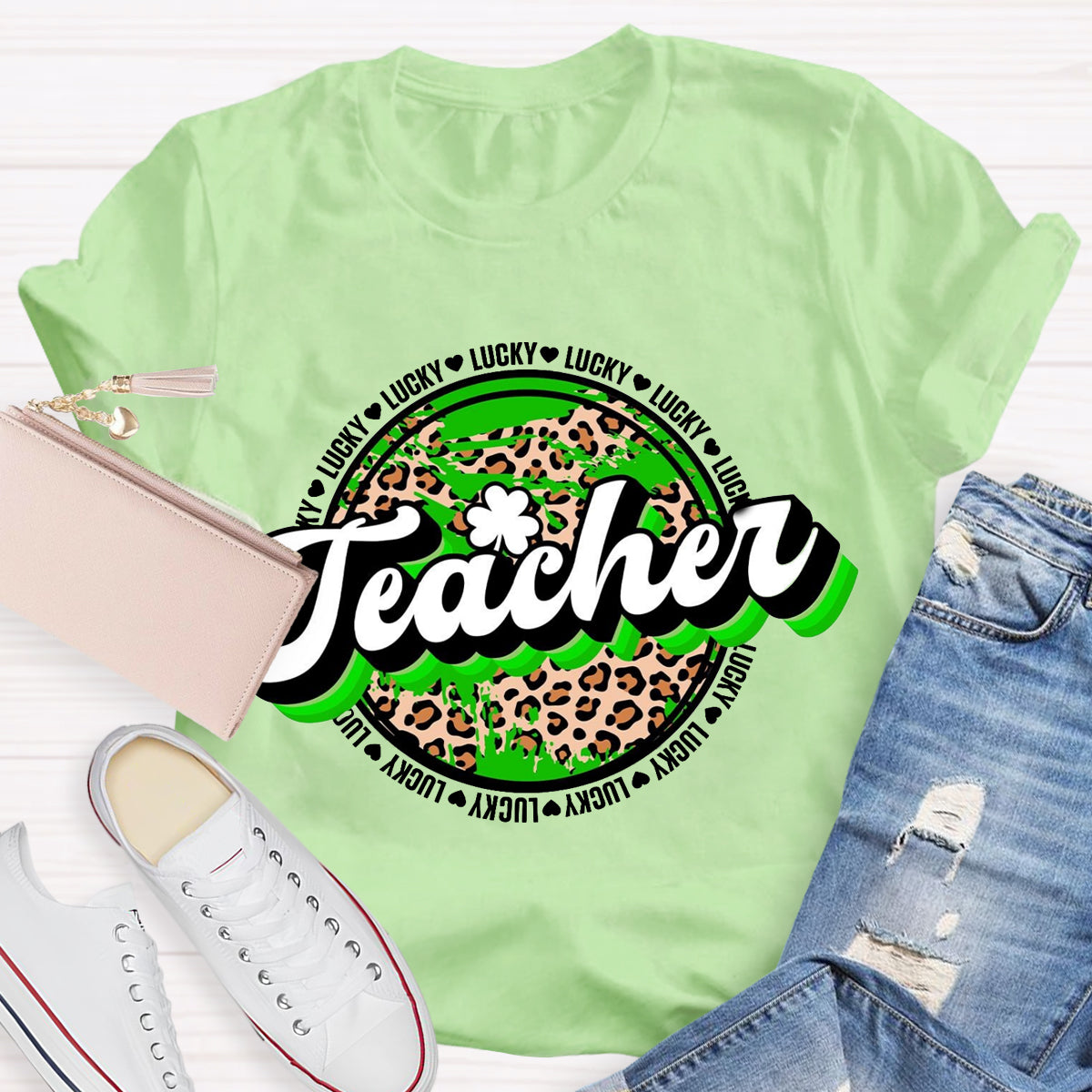 St. Patrick's Day Lucky Leopard Shamrock Teacher T-Shirt