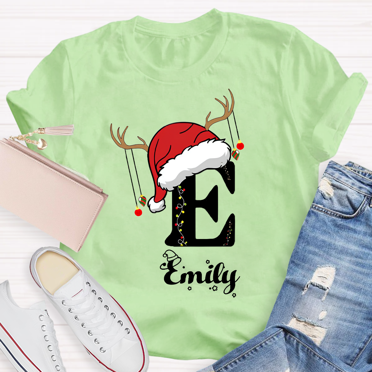 Personalized Name Santa Hat Teacher T-Shirt